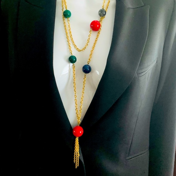 Gold tone chain necklace with bright colored balls - Picture 9 of 12